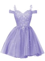 Vestido de boas-vindas DXAZD 2026 Glitter Tule Cold Shoulder Lavanda
