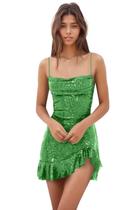 Vestido de boas-vindas EEMEII, lantejoulas, verde sereia, babados, tamanho 0