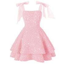 Vestido de boas-vindas FUMY Blush rosa brilhante com lantejoulas curtas em linha A