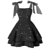 Vestido de boas-vindas FUMY Sparkly Sparkly de lantejoulas em camadas, preto