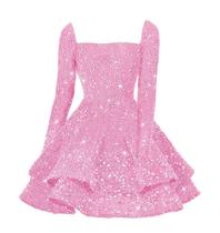Vestido de boas-vindas YOFF em camadas, mangas compridas, glitter, lantejoulas, rosa Vestido de boas-vindas YOFF em camadas, mangas compridas, glitter, lantejoulas, rosa