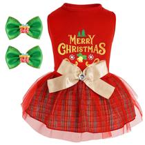 Vestido de cachorro xadrez de Natal xadrez com gravata borboleta dourada