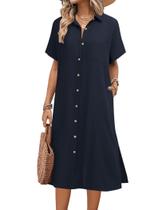 Vestido de camisa HOTOUCH Summer Linen Button Down azul marinho