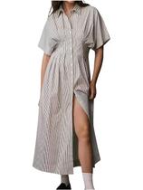 Vestido de camisa listrado em émbolo de manga curta para mulheres preto/branco