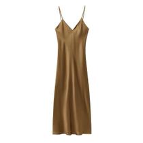 Vestido De Cetim Camelo Para Mulheres Alças Finas Decote Em V Profundo Midi Elegante Ocasiões