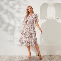 Vestido de chiffon floral de verão com decote em V evasê para mulheres - rosa
