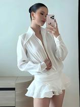 Vestido De Chiffon Transparente De Manga Longa Para O Verão Feminino Com Rendas E Gola Reversível