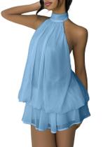 Vestido de coquetel feminino SHINFY em chiffon com alça halter, babados, curto, para convidada de casamento, praia, férias e aniversário, azul
