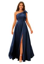 Vestido de dama de honra BITALY azul marinho de cetim de um ombro 16W Vestido de dama de honra BITALY azul marinho de cetim de um ombro 16W