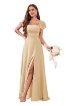 Vestido de dama de honra CDSSL Champagne Chiffon com gola quadrada 18W Vestido de dama de honra CDSSL Champagne Chiffon com gola quadrada 18W
