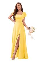 Vestido de dama de honra CDSSL com gola quadrada, chiffon amarelo, linha A, 16W Vestido de dama de honra CDSSL com gola quadrada, chiffon amarelo, linha A, 16W