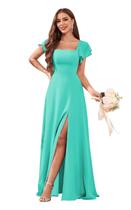 Vestido de dama de honra CDSSL com gola quadrada, chiffon, turquesa, 20W Vestido de dama de honra CDSSL com gola quadrada, chiffon, turquesa, 20W