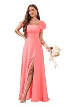 Vestido de dama de honra CDSSL Coral Chiffon com gola quadrada 18 W com fenda Vestido de dama de honra CDSSL Coral Chiffon com gola quadrada 18 W com fenda