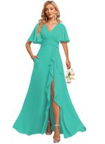 Vestido de dama de honra Deamify 2025 feminino com mangas esvoaçantes turquesa Vestido de dama de honra Deamify 2025 feminino com mangas esvoaçantes turquesa
