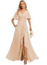 Vestido de dama de honra Deamify Blush Pink Chiffon com decote em V evasê Vestido de dama de honra Deamify Blush Pink Chiffon com decote em V evasê