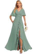 Vestido de dama de honra Deamify, chiffon longo, decote em V, manga esvoaçante