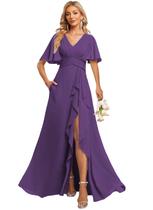 Vestido de dama de honra Deamify com decote em V, chiffon franzido, linha A, roxo, 26 W Vestido de dama de honra Deamify com decote em V, chiffon franzido, linha A, roxo, 26 W