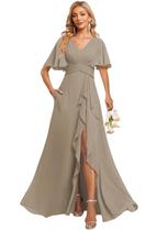 Vestido de dama de honra Deamify com decote em V, chiffon, manga esvoaçante, cinza Vestido de dama de honra Deamify com decote em V, chiffon, manga esvoaçante, cinza