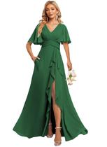 Vestido de dama de honra Deamify com decote em V, chiffon, manga esvoaçante, verde escuro Vestido de dama de honra Deamify com decote em V, chiffon, manga esvoaçante, verde escuro