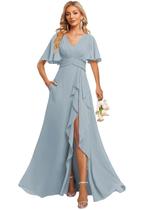 Vestido de dama de honra Deamify, decote em V, mangas esvoaçantes, evasê Vestido de dama de honra Deamify, decote em V, mangas esvoaçantes, evasê