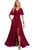 Vestido de dama de honra Deamify, elegante, longo, decote em V, vinho tinto Vestido de dama de honra Deamify, elegante, longo, decote em V, vinho tinto
