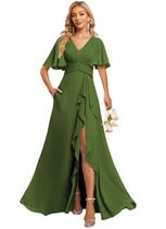 Vestido de dama de honra Deamify Flowy com decote em V e chiffon verde oliva Vestido de dama de honra Deamify Flowy com decote em V e chiffon verde oliva