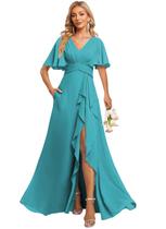 Vestido de dama de honra Deamify Long Chiffon Azul Aqua com decote em V 2025