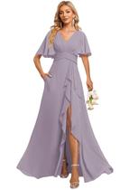 Vestido de dama de honra Deamify Long Chiffon Wisteria com decote em V 2025 Vestido de dama de honra Deamify Long Chiffon Wisteria com decote em V 2025