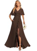 Vestido de dama de honra Deamify Modest com decote em V e mangas esvoaçantes, marrom Vestido de dama de honra Deamify Modest com decote em V e mangas esvoaçantes, marrom
