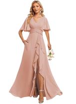 Vestido de dama de honra Deamify Modest, decote em V, mangas esvoaçantes, evasê Vestido de dama de honra Deamify Modest, decote em V, mangas esvoaçantes, evasê