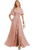 Vestido de dama de honra demamify, chiffon longo, rosa empoeirado, decote em V 2025