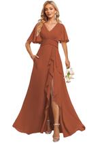 Vestido de dama de honra demamify Rust A Line com decote em V em chiffon 2025 Vestido de dama de honra demamify Rust A Line com decote em V em chiffon 2025