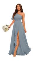 Vestido de dama de honra Dessiny 2025, mangas curtas, chiffon, azul empoeirado Vestido de dama de honra Dessiny 2025, mangas curtas, chiffon, azul empoeirado