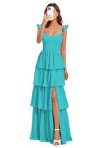 Vestido de dama de honra Dessiny Aqua Blue em camadas em chiffon com babados