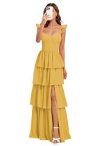 Vestido de dama de honra Dessiny Long Chiffon Ruffles Gold Spaghetti Alças