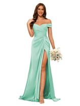 Vestido de dama de honra Dessiny Long Off Shoulder, cetim, verde menta Vestido de dama de honra Dessiny Long Off Shoulder, cetim, verde menta