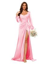 Vestido de dama de honra Dessiny Mermaid com decote em V, mangas compridas, rosa