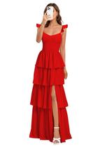 Vestido de dama de honra Dessiny Red Chiffon em camadas com babados Aline Vestido de dama de honra Dessiny Red Chiffon em camadas com babados Aline