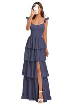 Vestido de dama de honra Dessiny Stormy Blue Chiffon em camadas com babados