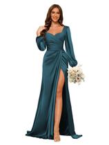 Vestido de dama de honra Dessiny Teal Satin Mermaid com decote em V, longo, slv