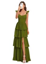 Vestido de dama de honra Dessiny verde oliva em camadas com babados em chiffon Vestido de dama de honra Dessiny verde oliva em camadas com babados em chiffon