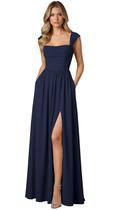 Vestido de dama de honra EBAKUS, manga curta, gola quadrada, chiffon, azul marinho