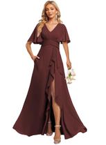 Vestido de dama de honra em chiffon cor de vinho com decote em V e manga esvoaçante
