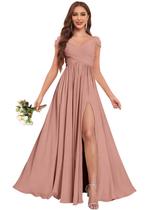 Vestido de dama de honra Fu Jiang Off Shoulder Dusty Rose Chiffon