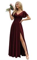Vestido de dama de honra FUMY Burgundy com mangas esvoaçantes e decote em V
