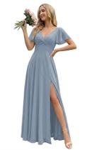Vestido de dama de honra FUMY Dusty Blue Chiffon com decote em V em linha A