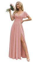 Vestido de dama de honra FUMY Dusty Rose Chiffon A-Line com decote em V longo