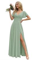Vestido de dama de honra FUMY Sage Green Chiffon com decote em V, linha A, longo