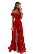 Vestido de dama de honra GODCUN Satin A Line Off Shoulder, decote em V, vermelho