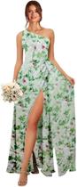 Vestido de dama de honra IKMNN One Shoulder A Line Line Long Green Floral